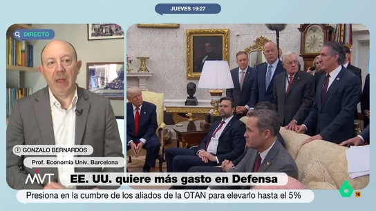 Gonzalo Bernardos, enfadado por el posible aumento del gasto en defensa al 5%: "Me niego a que se gaste más que en educación" El economista apoya una subida del 1,3% al 2%. "Cuanto más gaste España, y el conjunto de Europa, más va a comprar armamento y otros utensilios de defensa a EEUU", señala Bernardos.