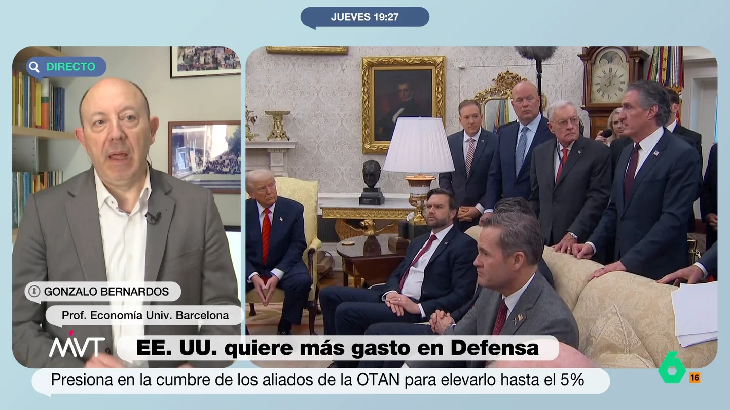 Gonzalo Bernardos, enfadado por el posible aumento del gasto en defensa al 5%: "Me niego a que se gaste más que en educación" El economista apoya una subida del 1,3% al 2%. "Cuanto más gaste España, y el conjunto de Europa, más va a comprar armamento y otros utensilios de defensa a EEUU", señala Bernardos.
