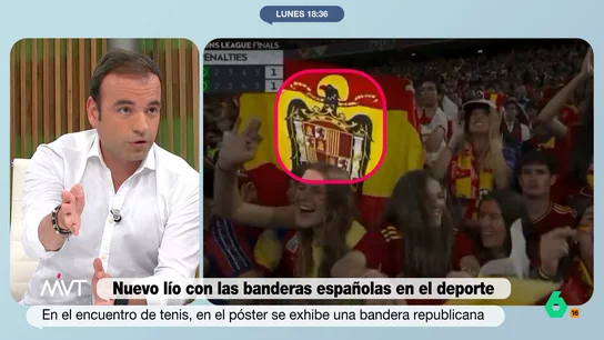 Julio Suárez, sobre la bandera preconstitucional en el España-Portugal: "Cuando identifiquen a la persona, la pueden sancionar" El periodista deportivo de laSexta, Julio Suárez, analiza la polémica de la bandera preconstitucional en el España-Portugal de la Nations League. Explica que la realización es de un equipo internacional, pero que la UEFA "con estas cosas es tajante".