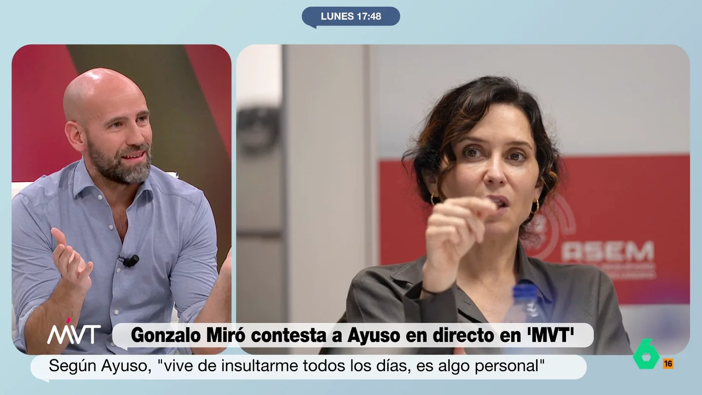 Gonzalo Miró, sobre Ayuso: "Montar el show cuando representas a todos los madrileños me parece una paletada" La presidenta de la Comunidad de Madrid ha respondido a las palabras del colaborador de Más Vale Tarde durante una entrevista en 'Espejo Público'.