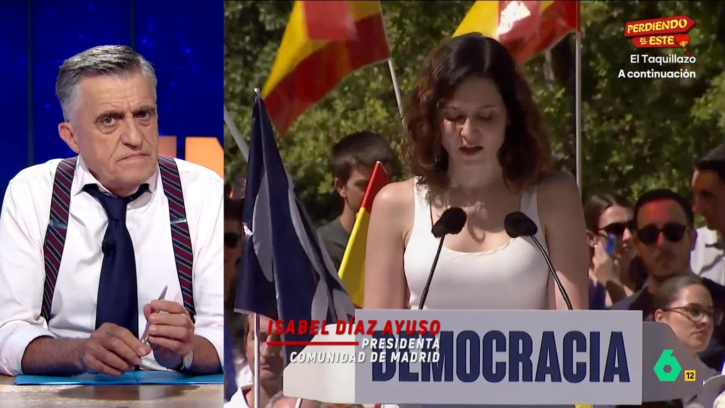 Wyoming responde a Ayuso tras hablar de "falta de libertad": "La clásica dictadura que en vez de mordaza, te pone micro y una plaza" Wyoming reacciona al discurso de Ayuso durante la concentración de ayer del Partido Popular y le responde rotundo en este vídeo de El Intermedio: "No dice la verdad ni cuando miente".