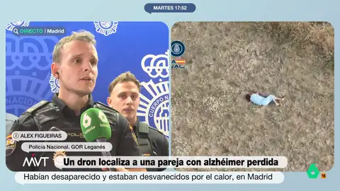 Una videollamada salvadora y drones: los policías que localizaron a una pareja con alzhéimer explican el milagroso rescate Más Vale Tarde entrevista a algunos de los policías que ayer se convirtieron en héroes. Con la ayuda de drones, encontraron a una pareja con alzhéimer que se había perdido en Leganés y que se encontraba en una situación límite.