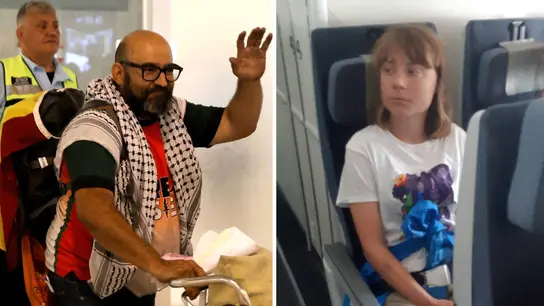 El activista español Sergio Toribio y la activista sueca Greta Thunberg, tras su deportación por Israel. El activista español Sergio Toribio y la activista sueca Greta Thunberg, tras su deportación por Israel.