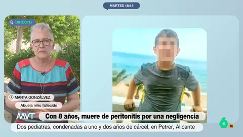 La abuela del niño fallecido en Alicante, sobre las doctoras: "Tuvieron una falta de empatía y de respeto increíble" Marta Gonzálvez cuenta en Más Vale Tarde que las dos doctoras no enviaron a su nieto Aitor al hospital en ningún momento. Además, tampoco consideraron hacerle ninguna prueba para saber de dónde provenía el dolor que estaba sufriendo.