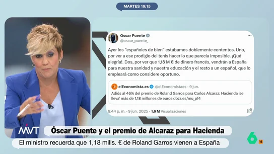 Cristina Pardo: "Más vale que Alcaraz gane más grand slams que Djokovic para que empecemos a tener los trenes puntuales" Cristina Pardo responde en este vídeo a Óscar Puente tras celebrar la victoria de Carlos Alcaraz en Roland Garros tanto en lo deportivo, como en lo que el tenista tributará a Hacienda del premio, más de un millón de euros.