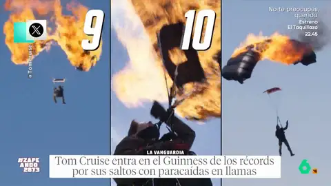 Tom Cruise rompe el récord Guinness de salto con el paracaídas ¡en llamas!: "Y yo me mareo en el autobús" Tom Cruise vuelve a ser noticia por sus acrobacias. En este caso, por entrar en el libro Guinness de los récords después de saltar hasta 16 veces con el paracaídas en llamas. La reacción de los zapeadores, en este vídeo.