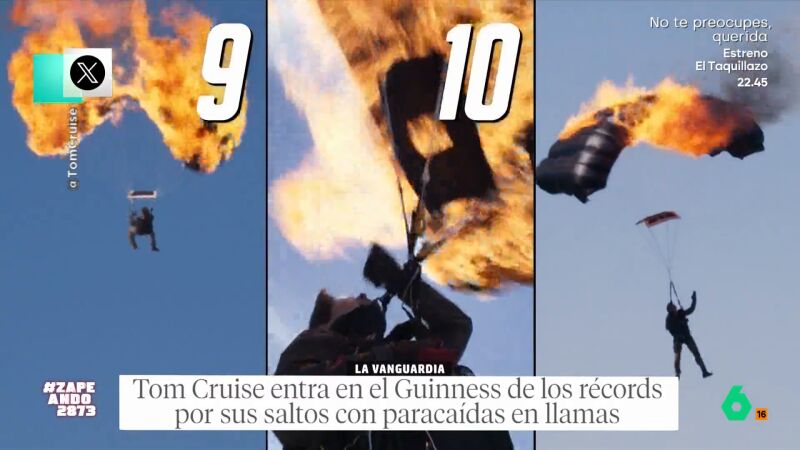 Tom Cruise rompe el récord Guinness de salto con el paracaídas ¡en llamas!: "Y yo me mareo en el autobús"