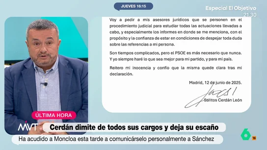 Chema Crespo, tras la dimisión de Santos Cerdán: "La legislatura hace aguas por el flanco más insospechado" El socialista ha acudido a la Moncloa para hablar con Pedro Sánchez y comunicarle su decisión. En su comunicado, afirma que ha tomado esta decisión "para proteger al partido".