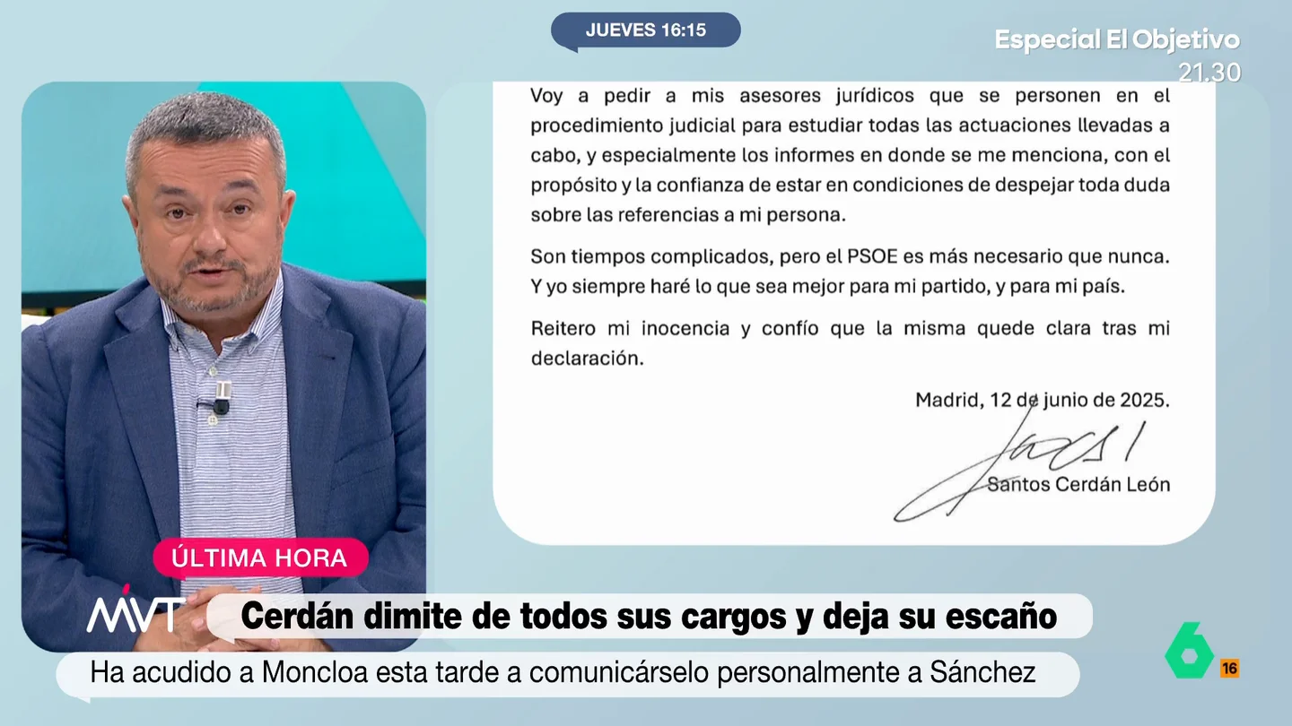 Chema Crespo, tras la dimisión de Santos Cerdán: "La legislatura hace aguas por el flanco más insospechado" El socialista ha acudido a la Moncloa para hablar con Pedro Sánchez y comunicarle su decisión. En su comunicado, afirma que ha tomado esta decisión "para proteger al partido".