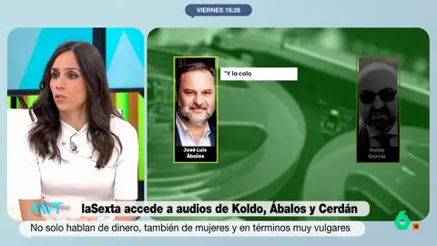 Pilar Velasco, sobre las referencias a mujeres en los audios de Koldo: "Esto lo hemos visto en todos los casos de corrupción" En esas conversaciones, Koldo y Ábalos pleneaban un fin de semana secreto en el que, además de decidir quiénes serían sus acompañantes, también decidían qué excusas podían dar a la mujer del socialista.