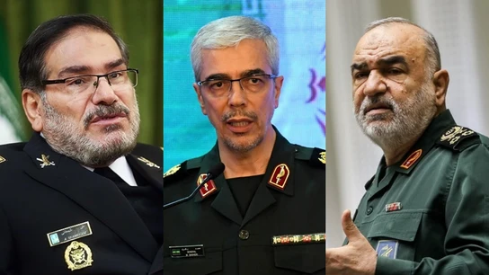 De izquierda a derecha: Ali Shamkhani, Mohammad Bagheri y Hossein Salami De izquierda a derecha: Ali Shamkhani, Mohammad Bagheri y Hossein Salami