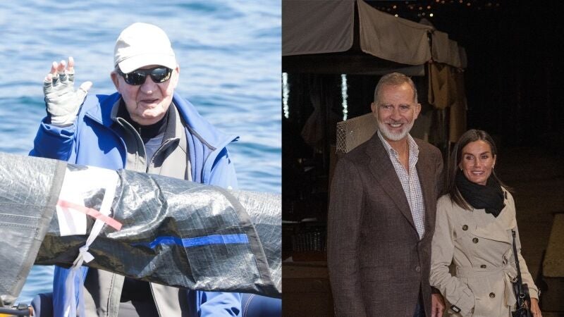 Juan Carlos I durante una regata en Sanxenxo y los Reyes, Felipe VI y Letizia, en una visita a Combarro