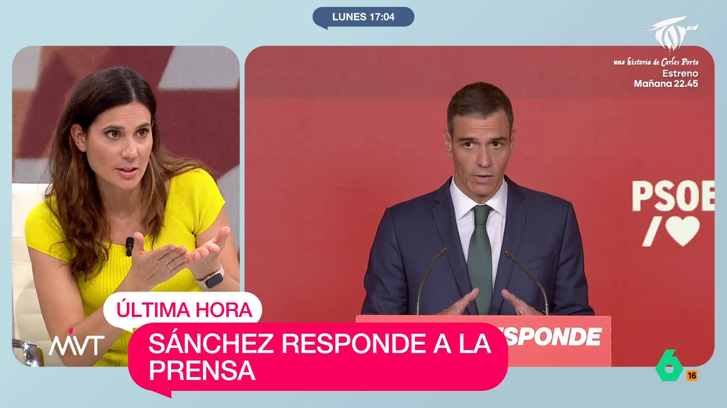 María Llapart: "Sánchez es consciente de que, para aguantar en la Moncloa, tiene que ser asustando con un Gobierno de PP y Vox" María Llapart analiza la rueda de prensa de Pedro Sánchez tras su reunión con la Ejecutiva Federal del PSOE. La periodista de laSexta ve una "diferencia notable" entre la de hoy y la de la semana pasada tras el informe de la UCO sobre Cerdán.