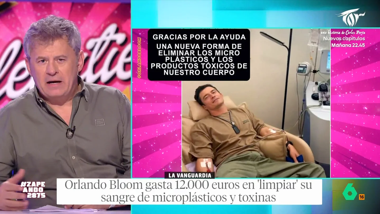 Orlando Bloom paga 12.000 euros para 'limpiarse' la sangre: "Tiene pinta de que lo único que te limpian es la cuenta corriente" La última excentricidad de pagar un tratamiento de 12.000 que 'limpia' su sangre de microplásticos y toxinas provoca un 'debate' en Zapeando. "¿Creéis que los 'Rolling Stones' estarían vivos si esto no funcionara?", comenta Dani Mateo.