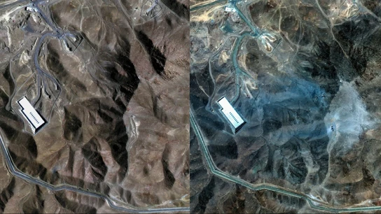Las imágenes satelitales que muestran el impacto del ataque de EEUU en la instalación nuclear iraní de Fordó A la derecha, el antes; a la izquierda el después.