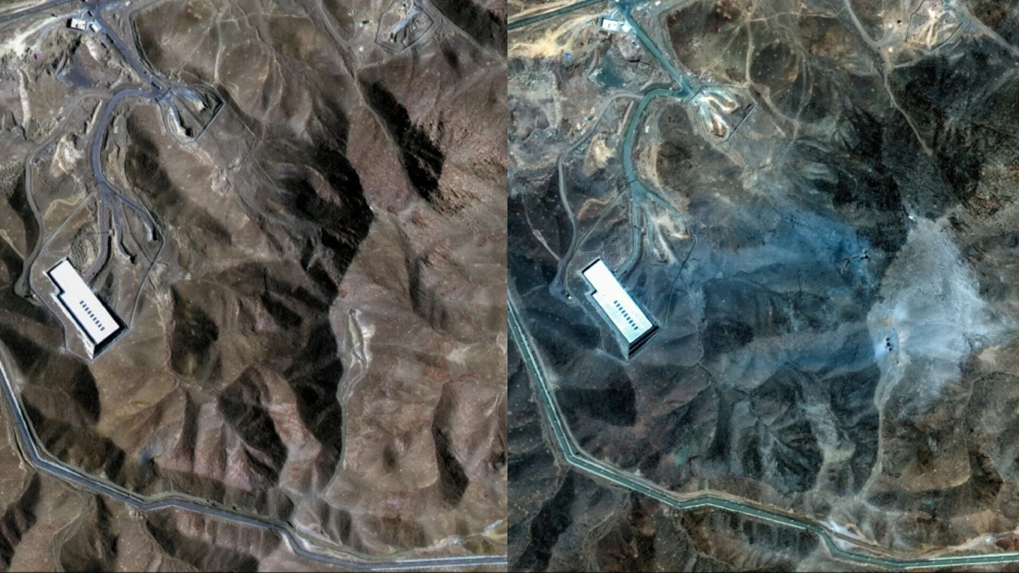 Las imágenes satelitales que muestran el impacto del ataque de EEUU en la instalación nuclear iraní de Fordó A la derecha, el antes; a la izquierda el después.