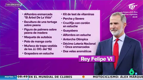 Estos son algunos de los 358 regalos que recibieron el rey Felipe y la reina Letizia en 2024: de la antorcha olímpica al vinilo de Serrat Estos son algunos de los 358 regalos que recibieron el rey Felipe y la reina Letizia en 2024: de la antorcha olímpica al vinilo de Serrat