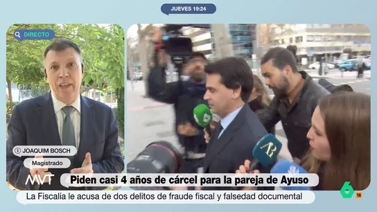 Joaquim Bosch analiza la defensa del novio de Ayuso: "Si llega a un acuerdo y es condenado en la otra causa, iría a la cárcel" Joaquim Bosch analiza la encrucijada judicial a la que se enfrenta la pareja de Isabel Díaz Ayuso después de que la Fiscalía pida para él casi 4 años de cárcel por fraude fiscal y falsedad documental.