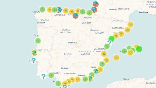 Mapa de avistamientos de medusas en España entre el 2 de agosto y 4 de agosto de 2025. Mapa de avistamientos de medusas en España entre el 2 de agosto y 4 de agosto de 2025.
