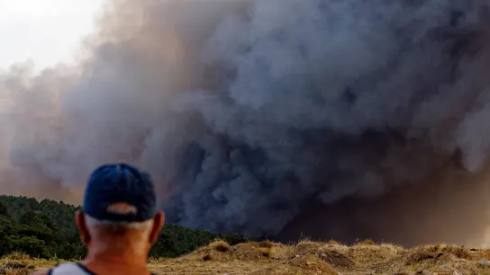 Una persona junto a una columna de humo del incendio de Las Navas del Marqués (Ávila). Una persona junto a una columna de humo del incendio de Las Navas del Marqués (Ávila).