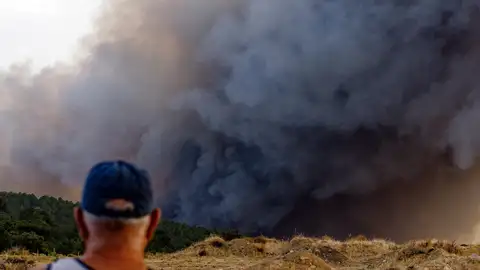 Una persona junto a una columna de humo del incendio de Las Navas del Marqués (Ávila). Una persona junto a una columna de humo del incendio de Las Navas del Marqués (Ávila).