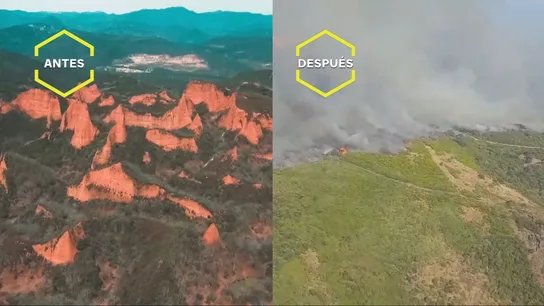 El antes y el después de Las Médulas (León) tras el imparable incendio. El antes y el después de Las Médulas (León) tras el imparable incendio.