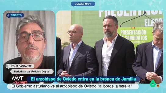 Jesús Bastante, sobre el choque de Abascal con la Conferencia Episcopal: "Vox utiliza la catolicidad para endurecer un discurso" El líder de Vox se mostraba "perplejo" con las palabras de la institución sobre la polémica generada en Jumilla. Como manifiesta el periodista, la doctrina de la inglesia sobre la inmigración "es una postura de acogida".