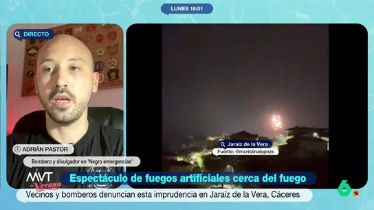 Un bombero, tras ver fuegos artificiales al lado de un incendio: "No es solo la falta de respeto, podría habernos atrapado entre las llamas" Adrián Pastor, bombero y divulgador, presenciaba cómo en un localidad cercana al incendio que estaba combatiendo con sus compañeros, se lanzaban fuegos artificiales: "Nos sentimos impotentes. Las caras de incredulidad eran grandes".