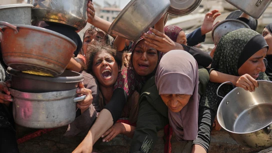 Ciudadanos palestinos se agolpan implorando por algo de comida en la Franja de Gaza Ciudadanos palestinos se agolpan implorando por algo de comida en la Franja de Gaza