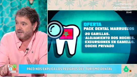 Paco Jiménez advierte en este vídeo sobre los peligros del turismo dental: "Las consecuencias pueden ser irreversibles" El periodista explica que muchas clínicas, en países como Marruecos, Albania o Turquía, ofrecen paquetes en los que incluyen vuelo, alojamiento, actividades culturales y tratamientos dentales que van desde carillas a reconstruciones completas.