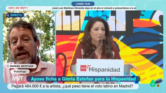 Manuel Mostaza opina sobre el concierto de Gloria Estefan pagado por la Comunidad de Madrid: "Es más un guiño a la integración" Más Vale Tarde analiza con el politólogo Manuel Mostaza la polémica contratación por parte del Gobierno de Ayuso de un concierto de Gloria Estefan por 484.000 euros: ¿Quiere atraer el PP el voto latino? Su respuesta, en este vídeo.