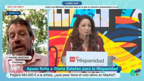 Manuel Mostaza opina sobre el concierto de Gloria Estefan pagado por la Comunidad de Madrid: "Es más un guiño a la integración" Más Vale Tarde analiza con el politólogo Manuel Mostaza la polémica contratación por parte del Gobierno de Ayuso de un concierto de Gloria Estefan por 484.000 euros: ¿Quiere atraer el PP el voto latino? Su respuesta, en este vídeo.