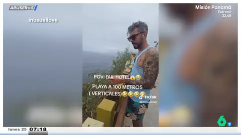 El divertido vídeo viral de una pareja que ha sido engañada con su hotel a 100 metros de la playa: "No me he traído el equipo de escalada" El divertido vídeo viral de una pareja que ha sido engañada con su hotel a 100 metros de la playa: "No me he traído el equipo de escalada"