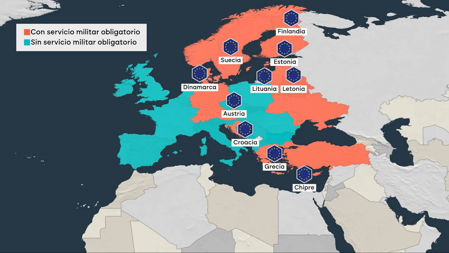 Mapa con los países europeos que tienen servicio militar obligatorio y aquellos que no Mapa con los países europeos que tienen servicio militar obligatorio y aquellos que no
