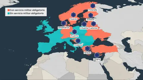 Mapa con los países europeos que tienen servicio militar obligatorio y aquellos que no Mapa con los países europeos que tienen servicio militar obligatorio y aquellos que no
