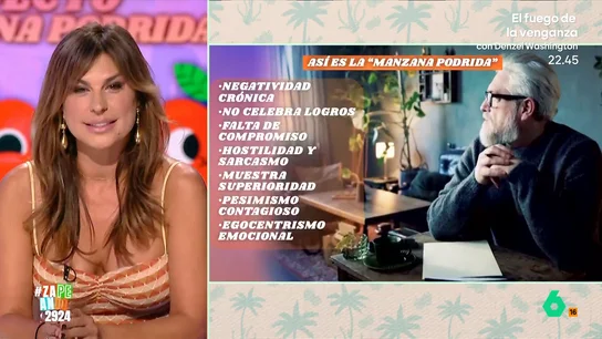 Raquel Perera desvela las claves para identificar a la 'manzana podrida' de un grupo: del impuntual al sarcástico Raquel Perera habla del 'efecto manzana podrida' en los grupos de trabajo y amigos y explica algunos rasgos que identifican a esta persona tóxica. ¿Los cumplirán alguno de los zapeadores? la respuesta en este vídeo.