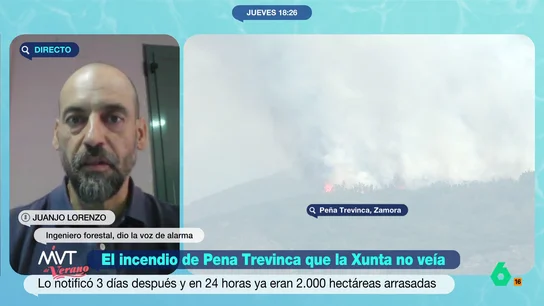 Juanjo Lorenzo advirtió el 16 de agosto del inicio del fuego en Galicia: "Hasta el martes 19 no actuó ningún medio aéreo" Más Vale Tarde contacta con este ingeniero forestal que publicó un vídeo en redes sociales en el que advertía que el fuego iniciado en Zamora había llegado hasta Peña Trevinca. A pesar de ello, la Xunta de Galicia tardaba tres días en actuar.