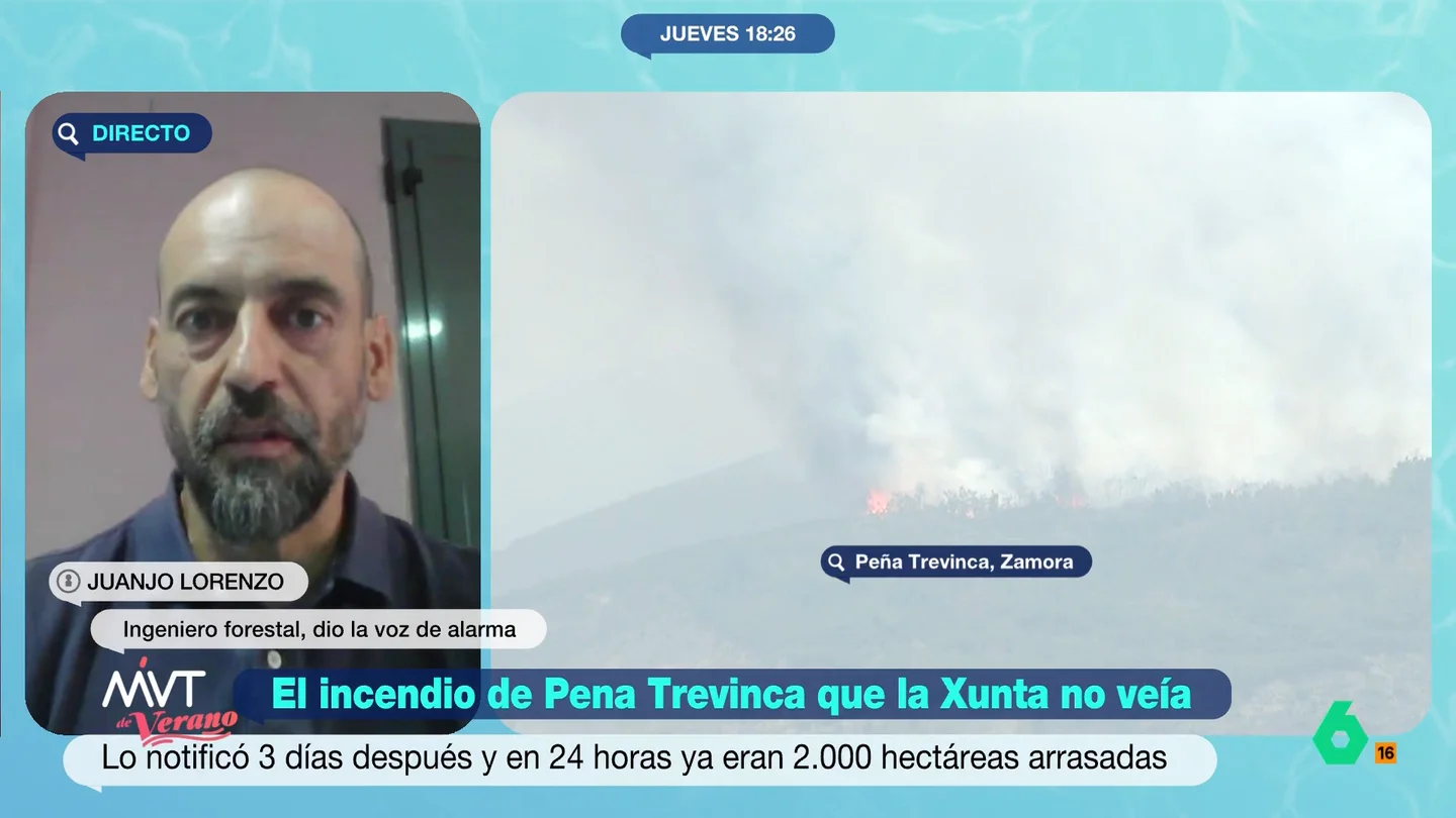 Juanjo Lorenzo advirtió el 16 de agosto del inicio del fuego en Galicia: "Hasta el martes 19 no actuó ningún medio aéreo" Más Vale Tarde contacta con este ingeniero forestal que publicó un vídeo en redes sociales en el que advertía que el fuego iniciado en Zamora había llegado hasta Peña Trevinca. A pesar de ello, la Xunta de Galicia tardaba tres días en actuar.