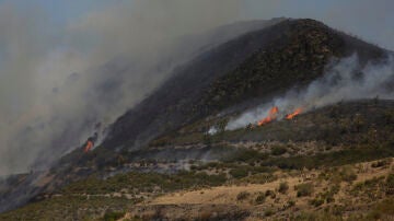 Llamas y humo del incendio de Fasgar, visto desde Tremor de Arriba, a 28 de agosto de 2025, en Tremor de Arriba, Ig&uuml;e&ntilde;a, Le&oacute;n, Castilla y Le&oacute;n (Espa&ntilde;a).