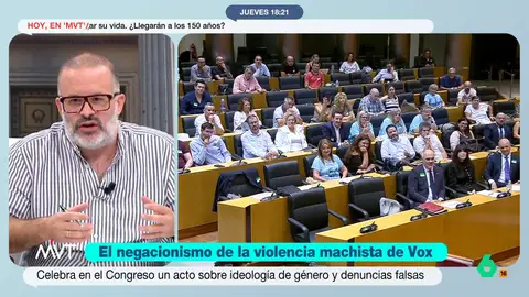 Edu Galán reflexiona sobre las jornadas machistas de Vox: "Váyase usted a su local de partido, pero en el Congreso..." Edu Galán hace una reflexión sobre la libertad de expresión en el Congreso a propósito de las jornadas negacionistas de la violencia de género organizadas por Vox, del que dice que "está creando un caldo de cultivo de antifeminismo".