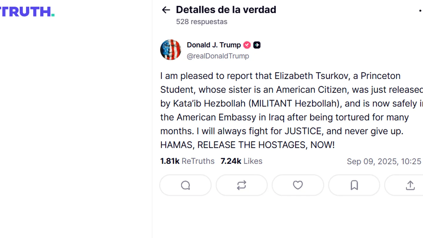 Trump anuncia la liberación de una rehén en manos de Hamás Trump anuncia la liberación de una rehén en manos de Hamás