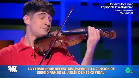 Esta es la versión a violín de Necko Vidal de la canción de Sergio Ramos que "huele a 'colabo'" El violinista más viral de TikTok llega a Zapeando para versionar la canción 'Cibeles'. Sin duda, la canción que todo fan de Sergio Ramos querría tener. No te pierdas el resultado en el vídeo principal.