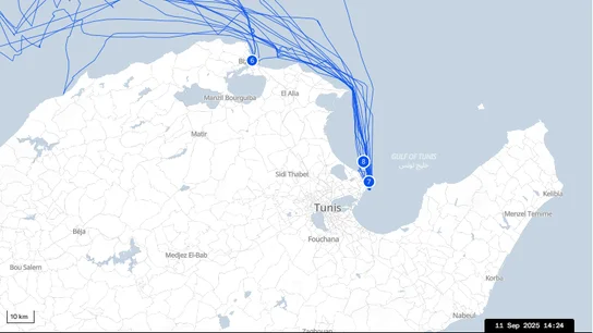 Mapa marítimo que muestra las ubicaciones de la Flotilla a 11 de septiembre de 2025. Mapa marítimo que muestra las ubicaciones de la Flotilla a 11 de septiembre de 2025.
