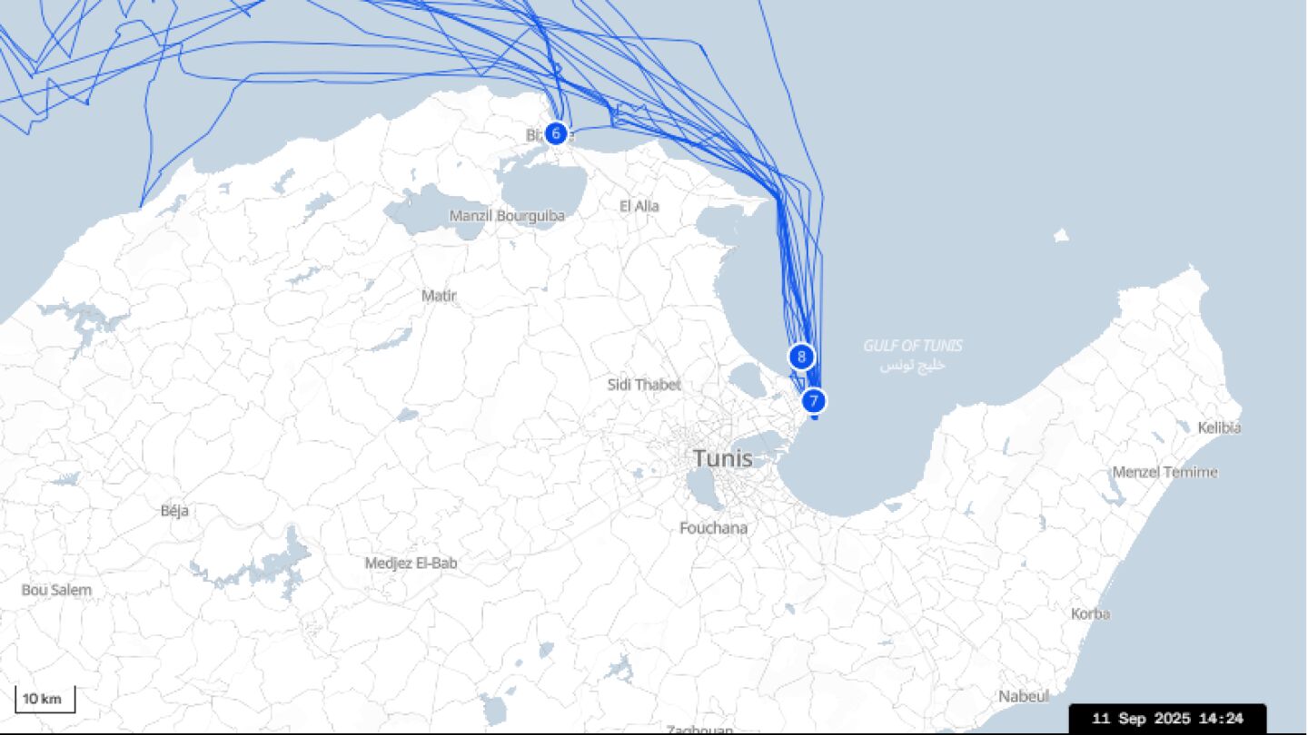 Mapa marítimo que muestra las ubicaciones de la Flotilla a 11 de septiembre de 2025.