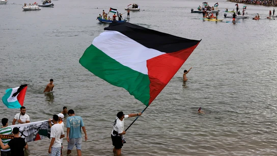 Las banderas palestinas ondean en el puerto de Sidi Bou Said de Túnez en apoyo a la Global Sumud Flotilla. Las banderas palestinas ondean en el puerto de Sidi Bou Said de Túnez en apoyo a la Global Sumud Flotilla.