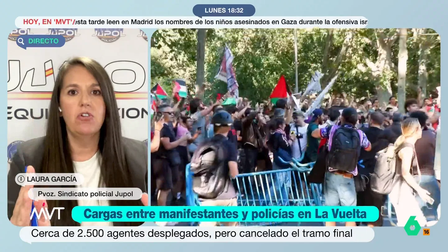 MVT Laura García (JUPOL) pide la dimisión de Marlaska y el delegado del Gobierno por los disturbios en La Vuelta: "El dispositivo estaba diseñado para buscar este resultado" MVT Laura García (JUPOL) pide la dimisión de Marlaska y el delegado del Gobierno por los disturbios en La Vuelta: "El dispositivo estaba diseñado para buscar este resultado"