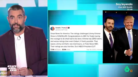 Dani Mateo reacciona a la suspensión del programa de Jimmy Kimmel: "Ven a por mí, Risketo" El presidente Trump ya ha reaccionado a esta suspensión indefinida en su red social 'Truth Social' afirmando que Kimmel no tiene "ni un ápice de talento". Además, ha señalado sus dos próximos objetivos: Jimmy Fallon y Seth Meyers.