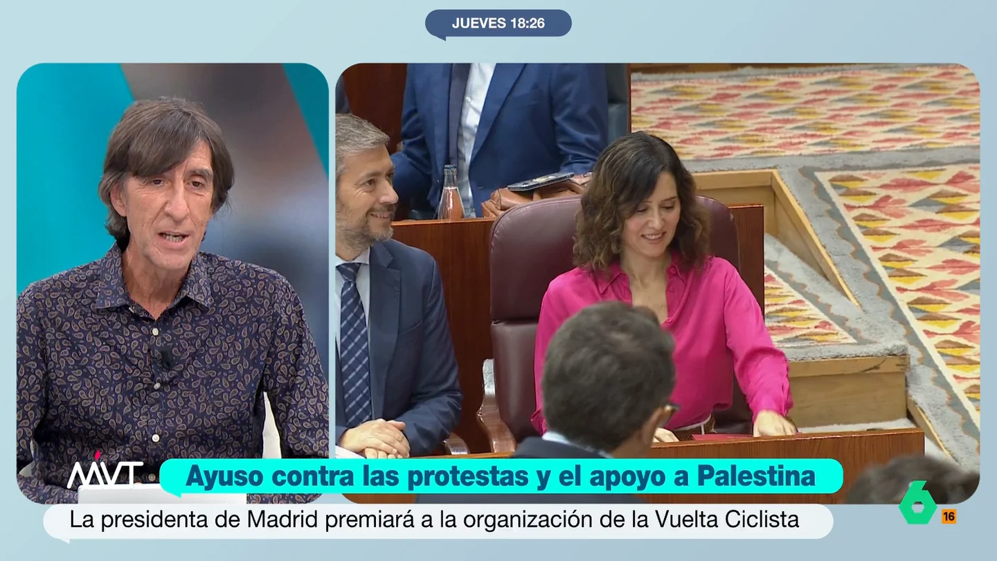 Benjamín Prado responde a Ayuso: "Netanyahu es una de las muchas cosas que no sabe" Tras las protestas contra el genocidio en Gaza, que tuvieran lugar durante La Vuelta, la presidenta de la Comunidad de Madrid ha anunciado que otorgará la Medalla Internacional de la Comunidad de Madrid al ganador de dicha competición deportiva.