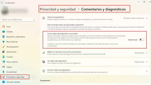 Desactivando el envío de datos de diagnostico opcionales Desactivando el envío de datos de diagnostico opcionales