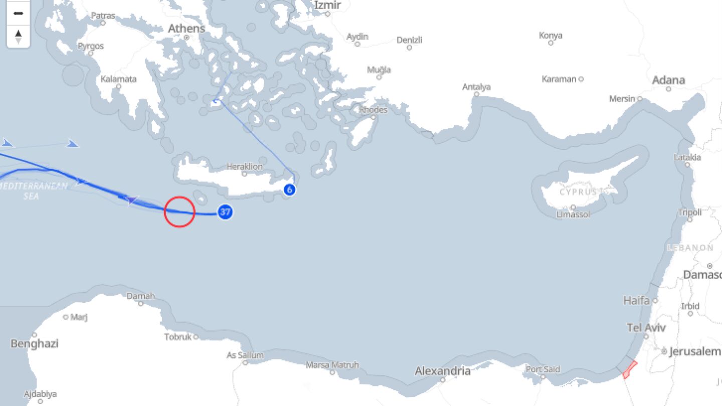 Mapa con la ubicación de la Flotilla 'Sumud' el miércoles 24 de septiembre. En rojo, el punto donde sufrieron los últimos ataques.